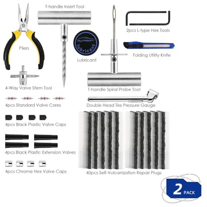 AUTOWN Flat Tire Repair Kit 68pcs 2-Pack, Tire Plug Kit to Fix Punctures | Universal Tire Repair Patch Tools with Case, Emergency Kits for Car, Motorcycle, Truck, ATV, RV, SUV, Tractor, Trailer - size: 68pcs 2-Pack