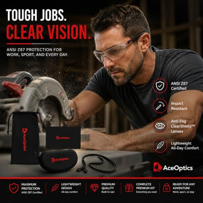Safety Glasses – ANSI Z87 Certified, 5X Anti-Fog ClearShield™ Lenses with Premium Hard Case & Accessory Bundle - color: Red & Black / Clear