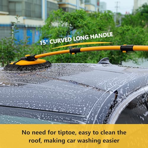 Car Wash Brush with Long Handle, 15°Curved Car Cleaning Brush with Replaceable Head Cover, Truck Washing Brushwith Telescopic Handle Wash Mop Kit 5PCS - color: Yellow