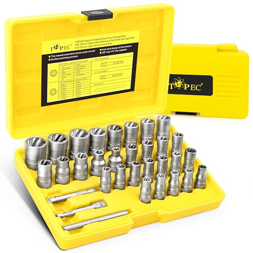 Topec 32PCS Bolt Extractor Kit, Stripped Bolt Extractor Socket Set, 6mm-19mm (1/4" to 3/4") Rounded Bolt Remover, Easy Out Bolt Extractor Set for Broken Bolt Nuts - color: 32-piece