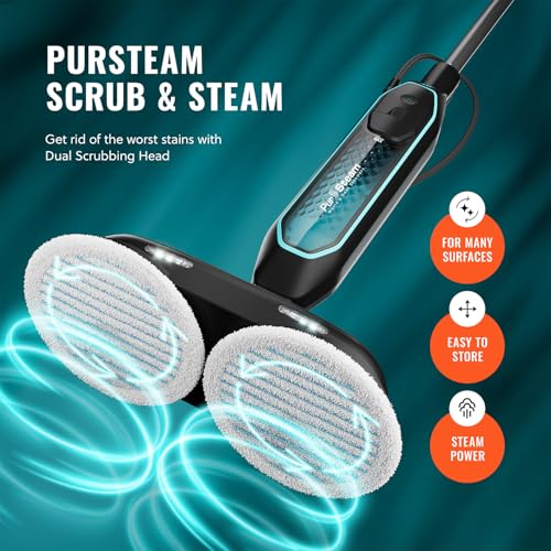 PurSteam ScrubMaster Steam Mop with Dual Scrubbing Head and LED Lights | Dual Scrubbing Head | LED Headlights | Adjustable Steam Control | Anti-Slip Swivel Head | Cable Holder | Upright Lock - size: Small