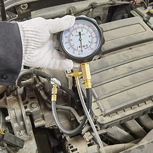 YSTOOL Fuel Pressure Tester Engine Injector Pump Test Gauge Kit 140PSI | Automotive Gasoline Gas Injection Manometer Tool Set with Inline Fitting Schrader Adapter for Auto Car Motorcycle Red Case