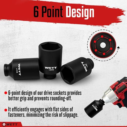 WETT 1/2" Drive Deep Large Impact Socket Set, 8-Piece Spindle Axle Nut Large Sockets Set, Standard SAE 6 Point Wheel Wrench Sockets, CR-V Steel, (1-1/4-Inch-1-3/4-Inch) - size: 1-1/4"-1-3/4" (8pc)