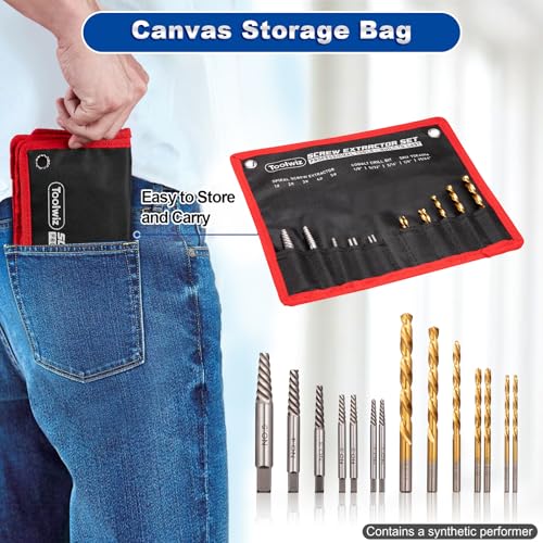 Toolwiz Easy Out Screw Extractor Set – 14PCS Broken Bolt Extractor Kit | with HSS Left Handed Drill Bits for Removing Stripped Screws, Broken Bolts, Damaged Nuts Easy Out Set with Canvas Bag