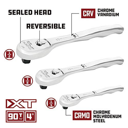 Powerbuilt 200 Piece 1/4-inch, 3/8-inch, and 1/2-inch Drive Mechanics Tool Set - with SAE and Metric Socket Set, Powerbuilt XT 90 Tooth Seal-Head Ratchets, including Case - 642472 - size: 200 Piece