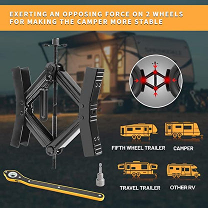 Camper Wheel Chock Stabilizer 2 Sets, Double Speed Heavy Duty Truck RV Tire Scissor Locking X Chock, Camper Accessories for Travel Trailers Tire Chalks, Anti Rust Coating, Fit for 3.5” to 12” - size: Tire Spacing:3.5in-12in