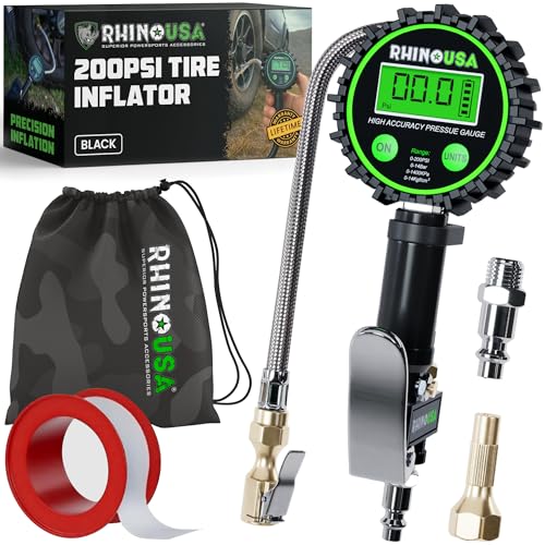 Rhino USA Digital Tire Pressure Gauge with Inflator (0-200 PSI) - Heavy Duty Air Chuck and Compressor Accessories with Stainless Braided Hose, Large 2" Dial and Solid Brass Hardware for Truck and RV - style: 200psi Digital