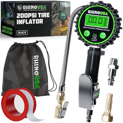Rhino USA Digital Tire Pressure Gauge with Inflator (0-200 PSI) - 2in Dial | Heavy Duty Air Chuck & Compressor Accessories. Stainless Braided Hose, Large 2in Dial, Solid Brass Hardware. - style: 200psi Digital