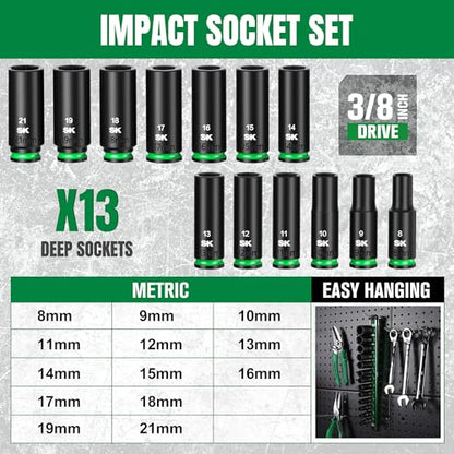 SK 3/8" Drive Impact Socket Set, Deep Metric Sockets, 13-Piece 8 to 21mm | Premium CR-MO Steel, SureGrip 6 Point Design, with Aluminum Socket Organizer - size: 3/8"-13PCS