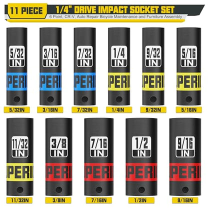 11 Piece 1/4" Drive Impact Socket Set, 5/32" - 9/16" Deep Socket, SAE, 6 Point, CR-V, Auto Repair Bicycle Maintenance and Furniture Assembly - size: 1/4" Deep SAE