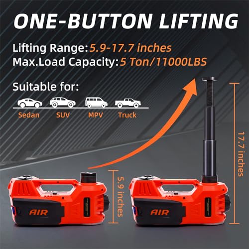 STANDTALL Electric Car Jack 5 Ton 12V Floor Jack, Impact Wrench, Inflator | Fits Sedan SUV Truck, Lift Range 5.9-17.7in, 350 N·m Impact Wrench, 35L/min Pump, 150 PSI Gauge, Headlight - color: Red Jack+Portable Wrench