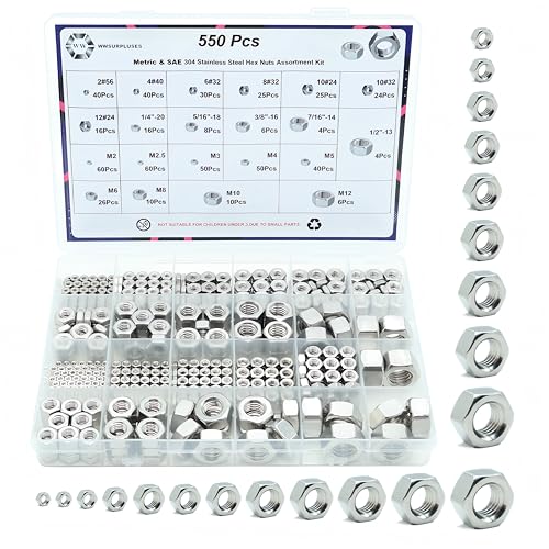 550 Pack SAE & Metric Hex Nuts Kit, 304 Stainless Steel | 2#56 To 12#24, 1/4-20 To 1/2-13, M2 To M12, Standard SAE And Metric Coarse Thread, Hardware Nuts - size: Metric and SAE (550Pcs)