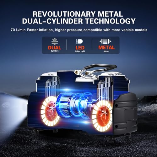 GSPSCN Portable Tire Inflator Heavy Duty Metal 12V Air Compressor Pump | 6X Faster Inflation Double Cylinder 150Psi with Extension Air Hose ,LED Lights Air Pump for Car,SUV,RV,Truck,Balls,Bicycle