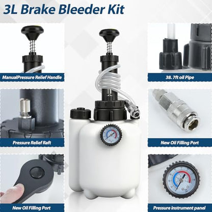 3L Manual Brake Bleeder Kit with Pressure Gauge for Most Vehicles | 1L Waste Bottle with Hook,4 Master Cylinder Adapters,Safety Relief Valve,for Cars,SUVs & Clutch Systems,One-Person Operation
