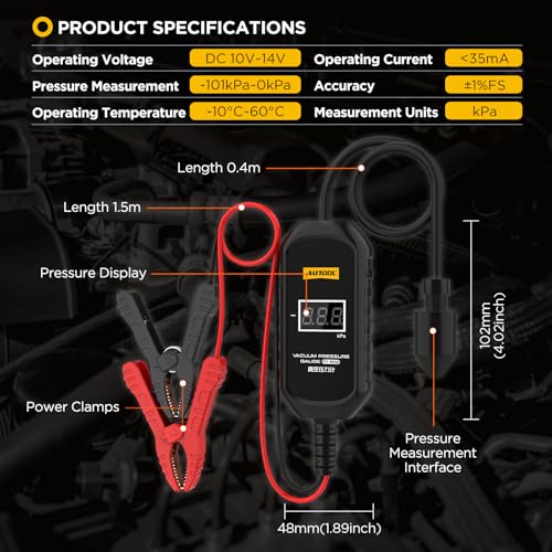 AUTOOL PT502 Digital Vacuum Pressure Gauge, Automotive Vacuum Leak Tester with Temperature Compensation, 101kPa High Accuracy Engine Intake Exhaust EGR Diagnostic Tool, 12V Car Powered