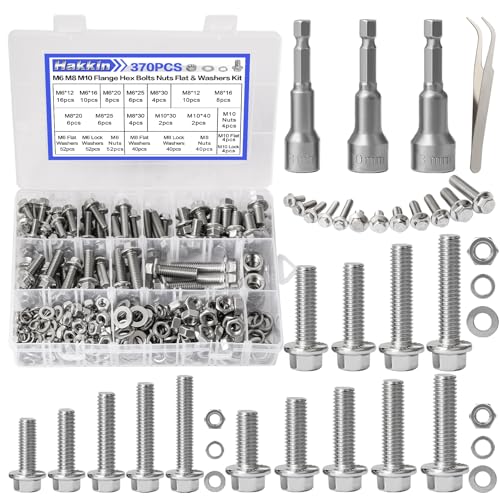 370PCS Metric Flange Bolt Assortment, M6x1.0, M8x1.25, M10x1.5 (12mm to 40mm) Hex Head Bolts and Nuts Assortment, Stainless Steel 304 Flange Bolts Nuts Washers Kit Hakkin, Hex Socket Included - size: M M6 M8 M10 Flanged Bolt Silver 370pcs