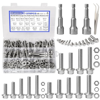 370PCS Metric Flange Bolt Assortment, M6x1.0, M8x1.25, M10x1.5 (12mm to 40mm) Hex Head Bolts and Nuts Assortment, Stainless Steel 304 Flange Bolts Nuts Washers Kit Hakkin, Hex Socket Included - size: M M6 M8 M10 Flanged Bolt Silver 370pcs