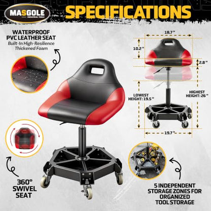 Rolling Shop Stool with Wheels, 330LBS Capacity Garage Mechanic Stool Seat with Backrest and Tool Tray Storage for Workshop, Pneumatic Adjustable Height Heavy Duty Garage Chair for Work, Red