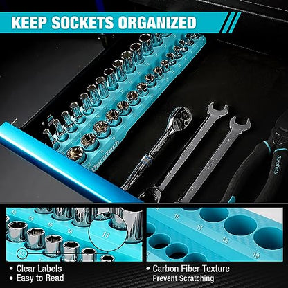 DURATECH Magnetic Socket Organizer Set, 3/8" Metric Socket Holders | Socket Trays, Tool Box, Tool Cart Organizer, Standard & Deep Sockets Organizer, Carbon Fiber, Prevent Scratching, 30-holder - size: 3/8" DR, Metric