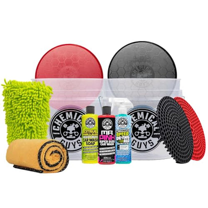 Chemical Guys Two Car Wash Bucket Kit with Dual Dirt Trap Filters, Chenille Wash Mitt, Mr. Pink, Citrus Wash, After Wash, and Drying Towel - 11 Items - Two Bucket Method Complete Setup - style: HOL129