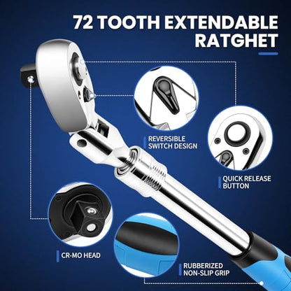 3-Piece Extendable Ratchet Set with 180-Degree Flex Head, 1/4" 3/8" 1/2" Drive, 72-Tooth Quick-Release Reversible Socket Wrench Set, Chrome Vanadium Steel with Storage Tray - size: Extendable&Flex-Head Ratchet