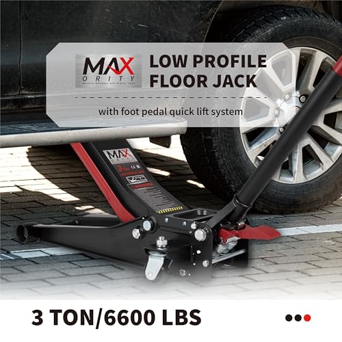 Maxority 3-Ton (6600lbs) Low-Profile Dual Pistons Heavy-Duty Steel Racing Floor Jack with Quick Lift Hydraulic Pump, Foot Pedal and Magentic Pad for Car Maintenance (Red, 3 Ton Low Profile)