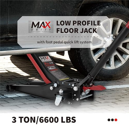 Maxority 3-Ton (6600lbs) Low-Profile Dual Pistons Heavy-Duty Steel Racing Floor Jack with Quick Lift Hydraulic Pump, Foot Pedal and Magentic Pad for Car Maintenance (Red, 3 Ton Low Profile)
