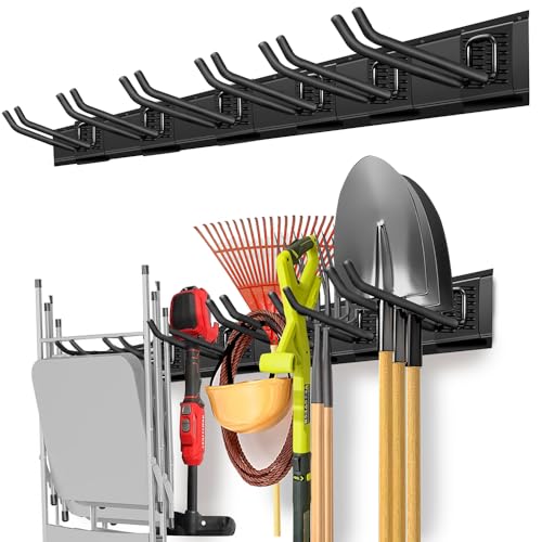 PIYILO Garage Organization, Garage Wall Organizer with 48 inches Rails and 6 Hooks, Tool Organizers Heavy Duty, Shovel Holder Wall Mount Max Load 360 LBS, Sturdy Garden Tool Rack for Folding Chairs - size: 48 inch 6-Hook