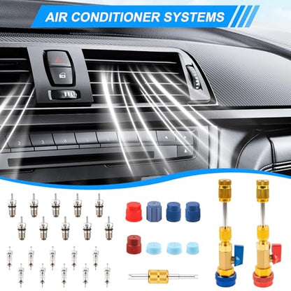 31PCS Professional AC Valve Core Removal Tool for R134A Refrigerant Systems, Quick Remover & Installer for High/Low Pressure Ports, Includes Valve Core Tool Set, Service Port Caps & Stem Kit
