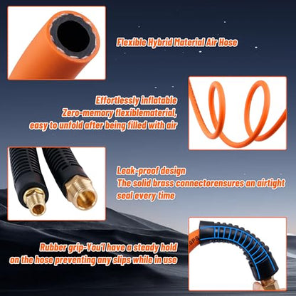 Truck Tire Inflator Kit, 3/8" x 50 ft Hybrid Air Hose with 1/2" Universal Gladhand Connection & 1/4" Dual Foot Chuck & Air Plug, Air Hose Tire Inflator Kit for Semi Truck (350psi max working pressure)