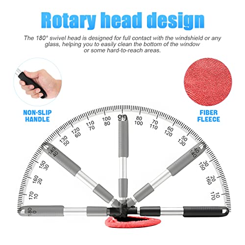Windshield Cleaning Tool, Car Window Cleaner with Extendable Long Handle and 4 Washable Reusable Microfiber Pads, Auto Interior Exterior Glass Wiper Cleaning Kit Universal for Office and Home (Red) - color: Red
