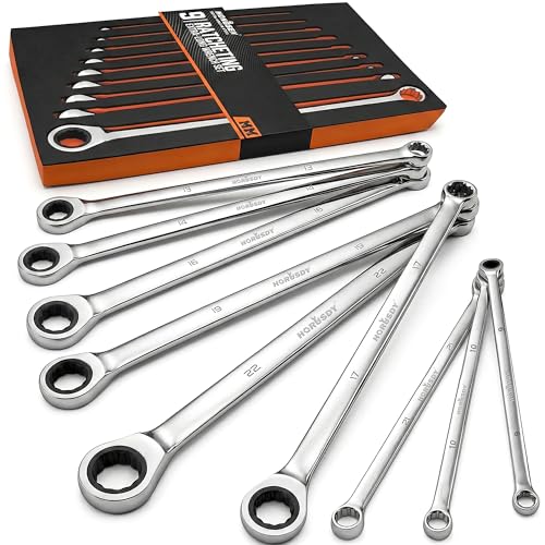 HORUSDY Extra Long Ratcheting Wrench Set, 8-22MM Double Box End, 9-Piece Metric CR-V Steel, with EVA Foam Tool Organizer - style: 9pcs Metric Ratchet Extra Long Wrench Set
