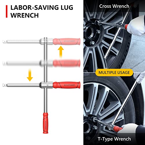 MAXPOWER Lug Wrench, Tire Wrench With 1/2-Inch Drive and 2PCS Standard Sockets (17 mm/19 mm, 21 mm/23 mm), Detachable Rapid Cross Lug Nut Wrench With Storage Box