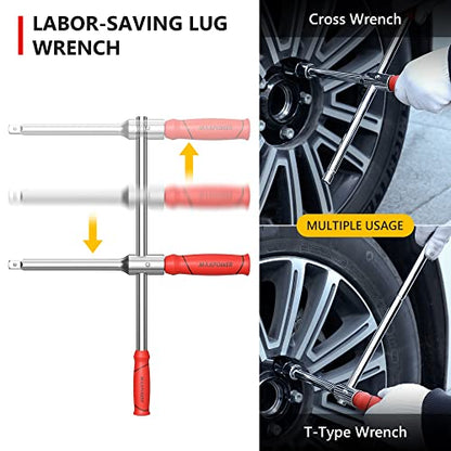 MAXPOWER Lug Wrench, Tire Wrench With 1/2-Inch Drive and 2PCS Standard Sockets (17 mm/19 mm, 21 mm/23 mm), Detachable Rapid Cross Lug Nut Wrench With Storage Box