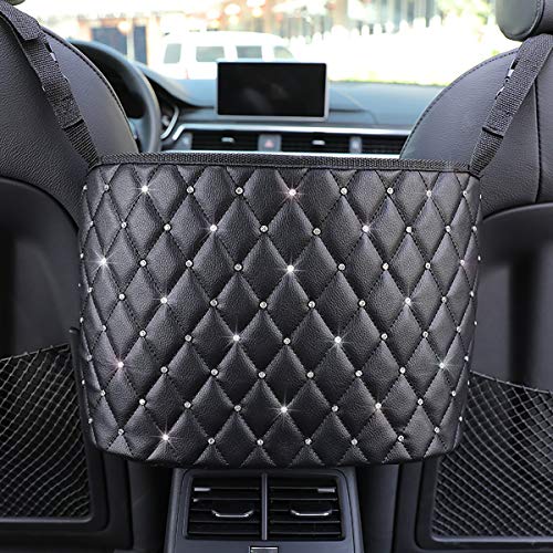 Car Net Pocket Handbag Holder with Diamond Bling Driver Netting Pouch, Handbag Holder Front Seat, Barrier of Backseat Pet Kids Storage & Pocket (Black with Diamond) - color: Black with Diamond