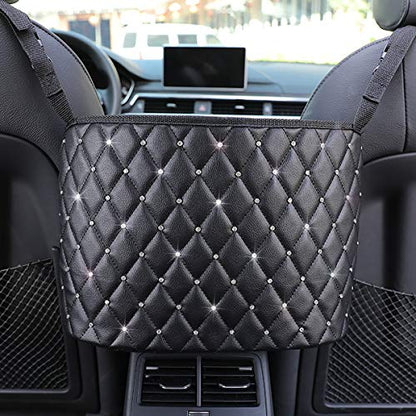 Car Net Pocket Handbag Holder with Diamond Bling Driver Netting Pouch, Handbag Holder Front Seat, Barrier of Backseat Pet Kids Storage & Pocket (Black with Diamond) - color: Black with Diamond