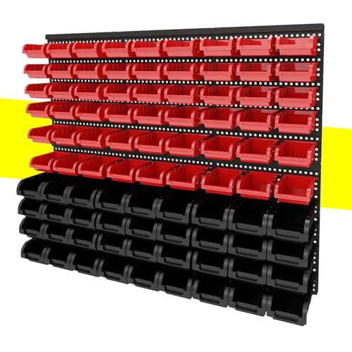 90Pcs Plastic Wall Mounted Storage Bins Parts Rack Nuts And Bolt Bins Organizer For Shop Garage for Screws, Nuts, Bolts, Nails, Beads, and Small Hardware Parts(RED+BLACK, 90) - color: Red+Black, size: 90