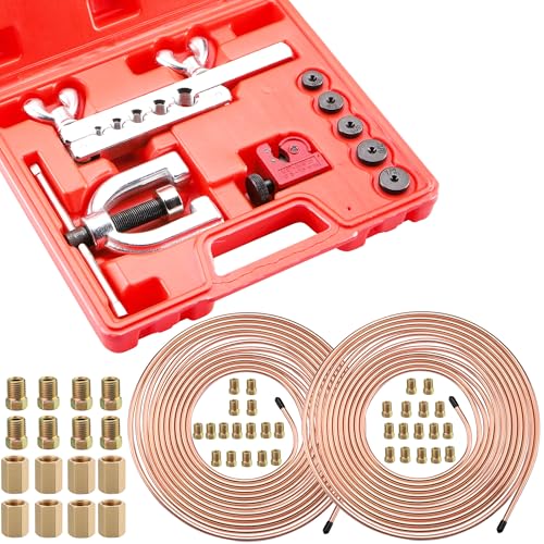 25FT 3/16" & 1/4" Copper Coated Brake Line Flaring Tool Kit Fit Fuel System | with 32 Fittings and 8 Unions Brake Line Fittings, Black Line Double & Single Flaring Tool Kit