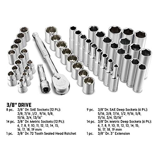 Powerbuilt 47 Piece Mechanics Tool Set, 3/8-inch Drive, SAE and Metric Socket Set, Standard, 72 Tooth Seal-Head Ratchet, Automotive Tools, Storage Case - 642451 - size: 47 Piece