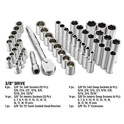 Powerbuilt 47 Piece Mechanics Tool Set, 3/8-inch Drive, SAE and Metric Socket Set, Standard, 72 Tooth Seal-Head Ratchet, Automotive Tools, Storage Case - 642451 - size: 47 Piece