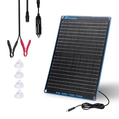 Nicesolar 20W 12V Solar Panel Car Battery Trickle Charger & Maintainer with Cigarette Lighter Plug & Alligator Clip & Battery Cable for Car Automotive Motorcycle Boat Marine Snowmobile Watercraft RV