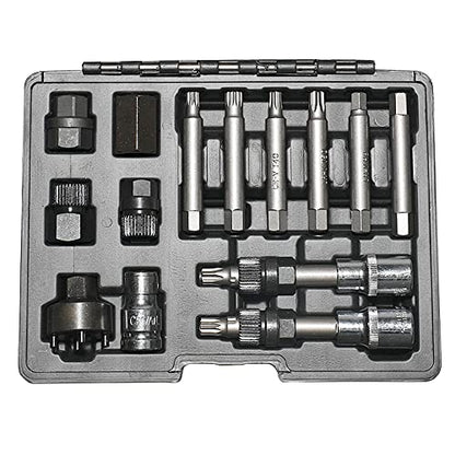 14 Piece Alternator Pulley Remove Kit Free Wheeling Pulley Remover Socket Drills Compatible with Ford Compatible with GM/VW