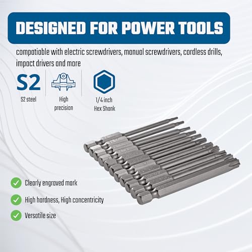 VESTTIO Security Torx Bit Set 11PCS 1/4 Inch Hex Shank 3 Inch/75 mm Length S2 Steel Extended Tamper Proof Star 6 Point with Magnetic for Power Screwdriver Drill Impact Driver - size: T6-T40/3 inch