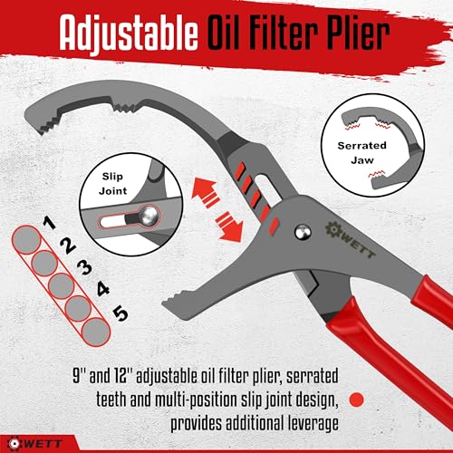 WETT Swivel Oil Filter Wrench Set, 9-Piece Standard Oil Filter Removal Tool, with Adjustable Oil Filter Plier and Valve Lapper, Stainless Steel Remover Pliers (2-3/4" to 5-1/4") - size: 9-Piece Oil Filter Wrench Set