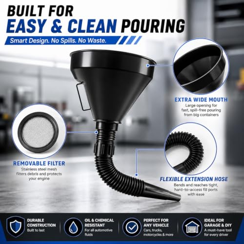 5 Pcs Automotive Oil Funnel Set, Spill-Free Fluid Transfer Kit. | Wide Mouth Fuel Funnel with Extension Hose & 4 Standard Funnels for Gas, Diesel, Motor Oil, Transmission Oil, Cars Trucks.