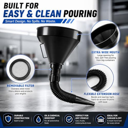 5 Pcs Automotive Oil Funnel Set, Spill-Free Fluid Transfer Kit. | Wide Mouth Fuel Funnel with Extension Hose & 4 Standard Funnels for Gas, Diesel, Motor Oil, Transmission Oil, Cars Trucks.