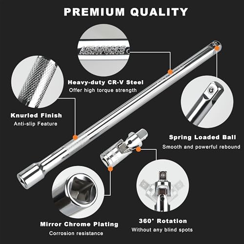 AEROFORCE 14PCS 3/8-Inch Drive Swivel Magnetic Spark Plug Socket Set with 3/8'' Torque Wrench (5-45 Lb.ft/6.8-61.2 Nm), Universal Joint & Extension Bar - Durable CR-V Steel for Easy Spark Plug Removal - size: 14PCS full Magnetic