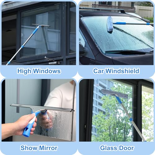 77'' Long Squeegee Window Cleaner Tool for Indoor Outdoor Windows | Professional Window Cleaning Kit with Extension Poles for High Windows Car Windshield Shower Glass Door Solar Panel - size: 6.5 Feet
