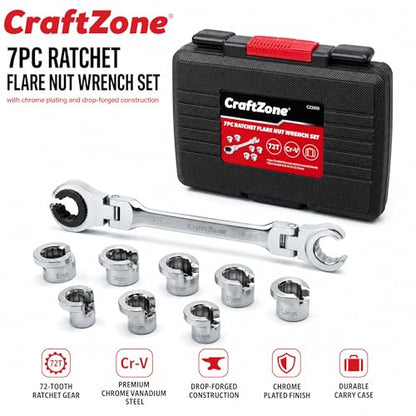 7-in-1 Ratcheting Open Flex-Head Wrench Set, Metric 8-14mm, 72-Tooth Gear, CR-V Steel, Durable Tool Box, Gift for Handyman