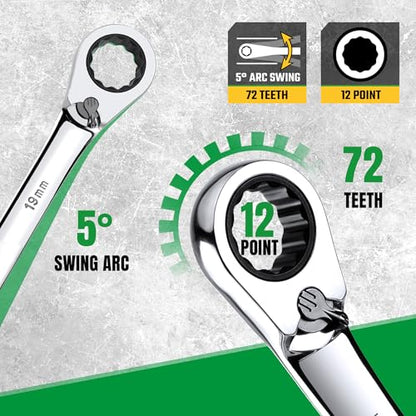 SK Reversible Ratcheting Wrench Set, Combination Wrench Set, 12-Piece, Metric 8-19 mm, 72-Tooth, Premium CR-V Construction, with Rack Organizer - size: 8-19 mm
